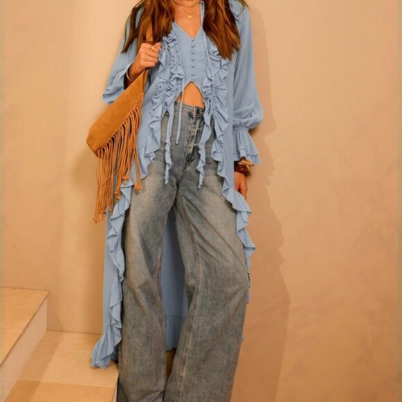 Dusty Blue Casual Women's Long Sleeve Boho Maxi Dress - Picture 10 of 10